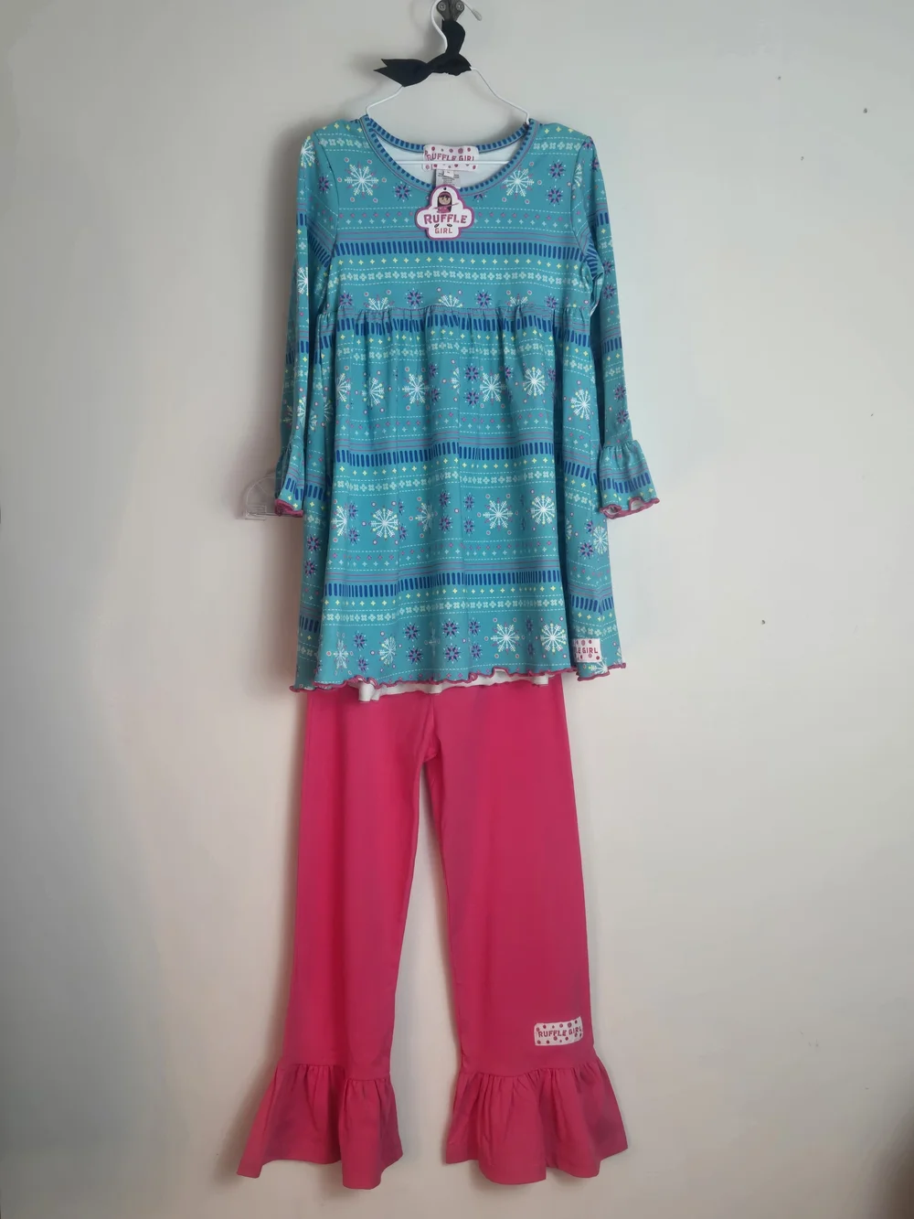 Ruffle Girl Teal Snowflake Tunic with Bright Pink Ruffle  Pants